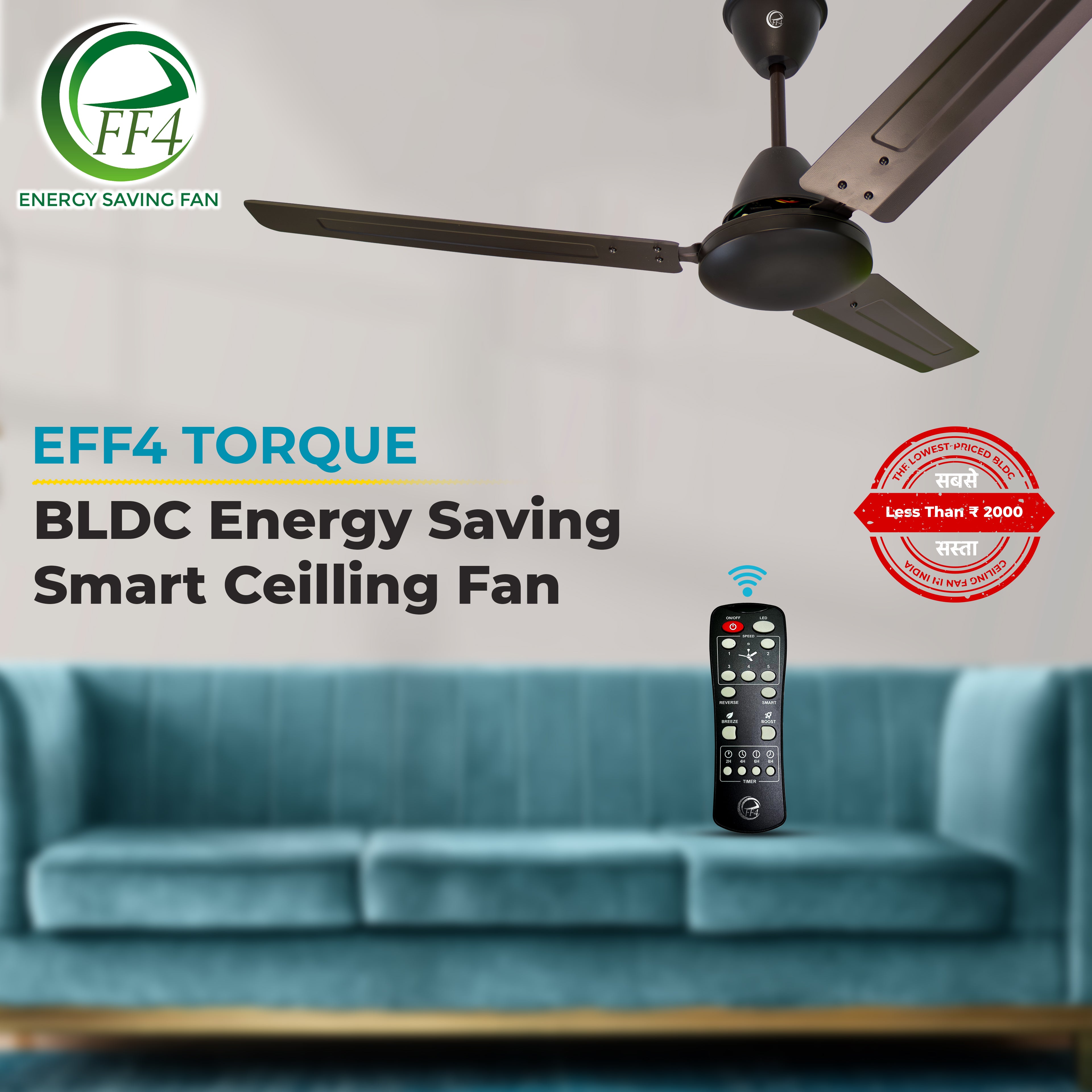 eFF4 Torque Remote Control Ceiling Fan 5 Star 1200 mm 3 Blade High Air Delivery Energy Saving Ceiling Fan (2 Years Warranty) Saves Your Electricity Bills