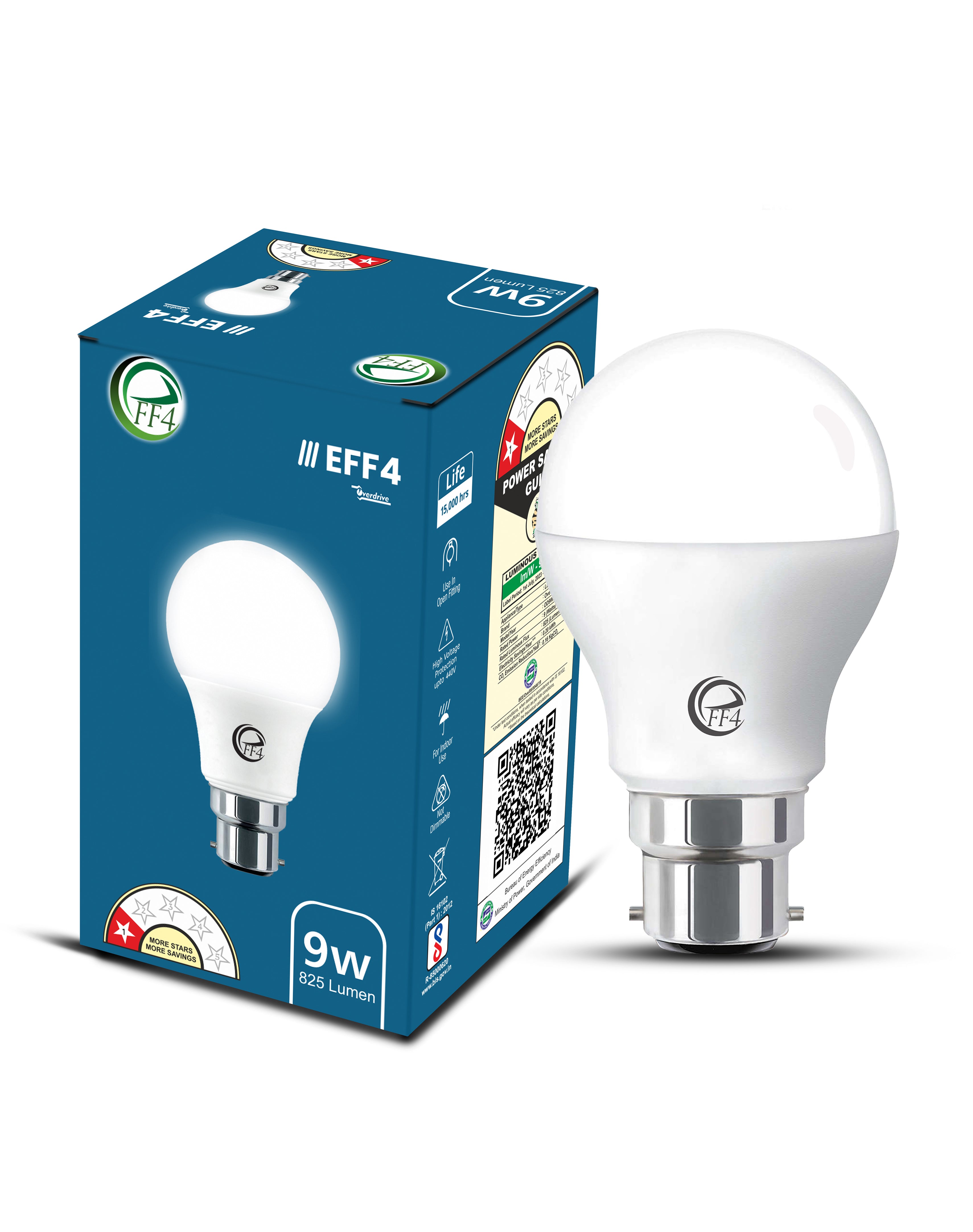 eFF4 9W Energy Saving LED Light Bulb, B22 Bayonet Base, White, Round Shape