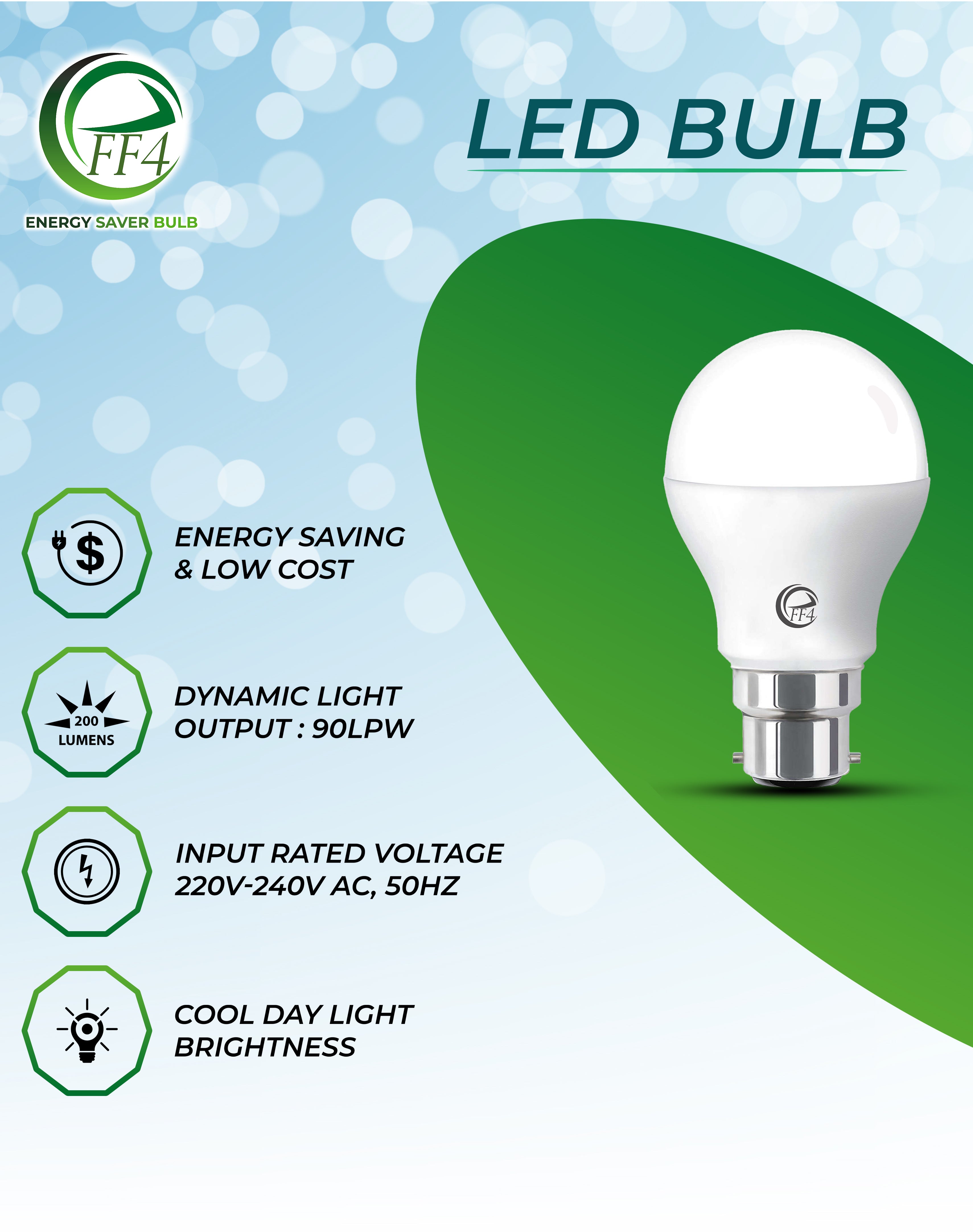 eFF4 9W Energy Saving LED Light Bulb, B22 Bayonet Base, White, Round Shape