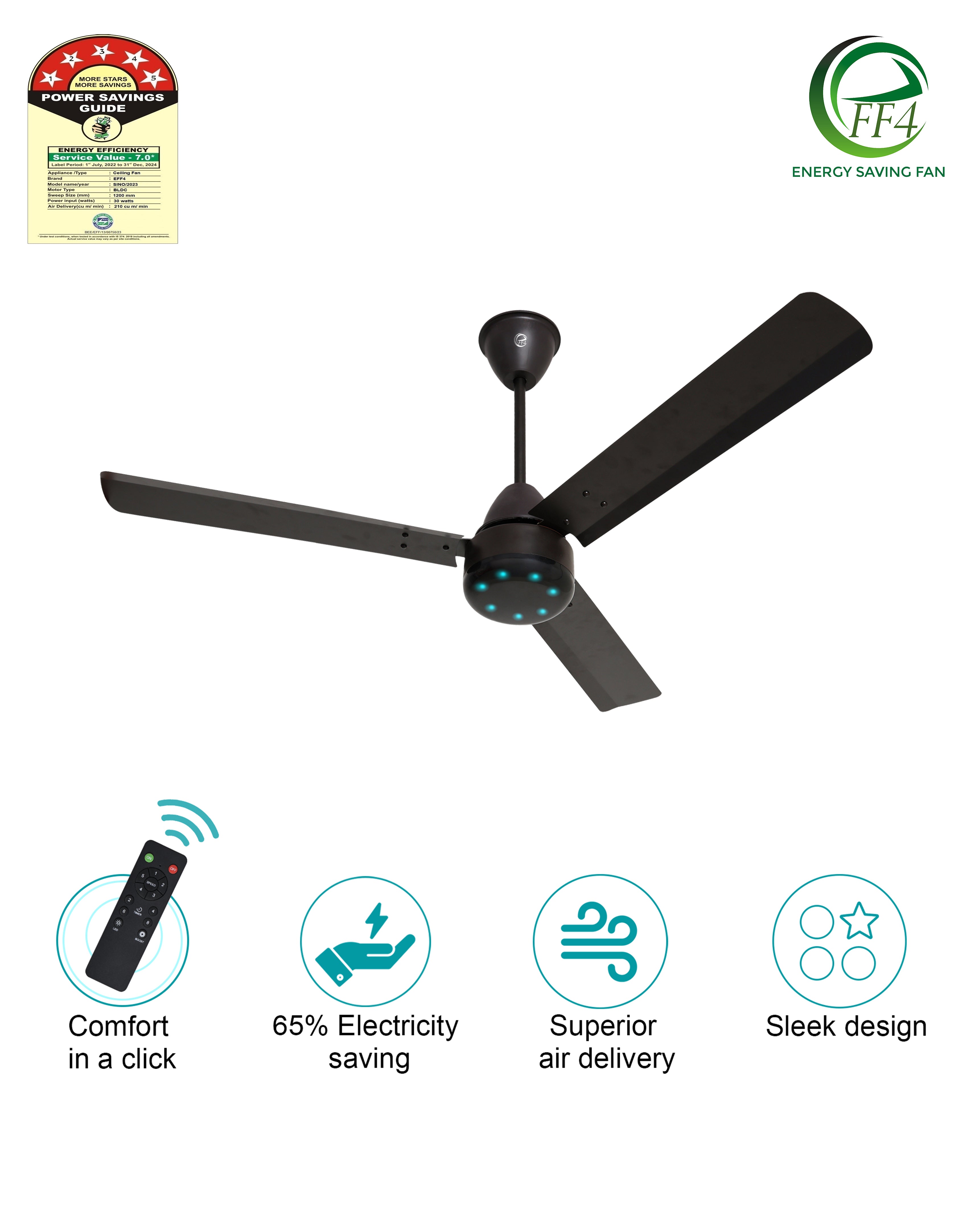 eFF4 Sino1200 mm 3 Blade 5 Star power Saving Ceiling fan with BLDC Motor | Remote control | Decorative Fan with Lights | High Air Flow (Modern)