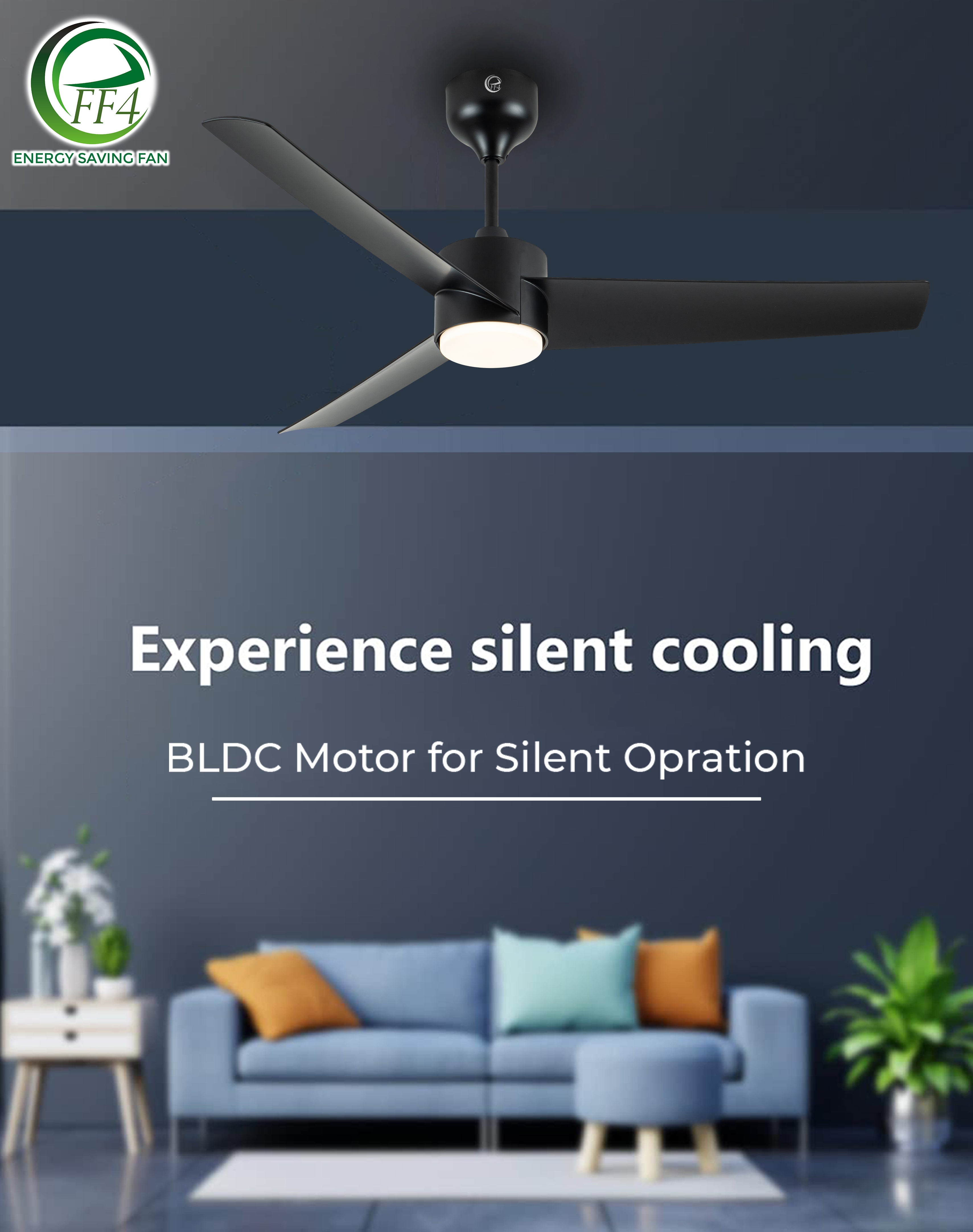 eFF4 Artistic+ 1320mm 3 blade 5 star BLDC ceiling Fan black with light & Aerodynamic ABS Blades and Remote Control, Black