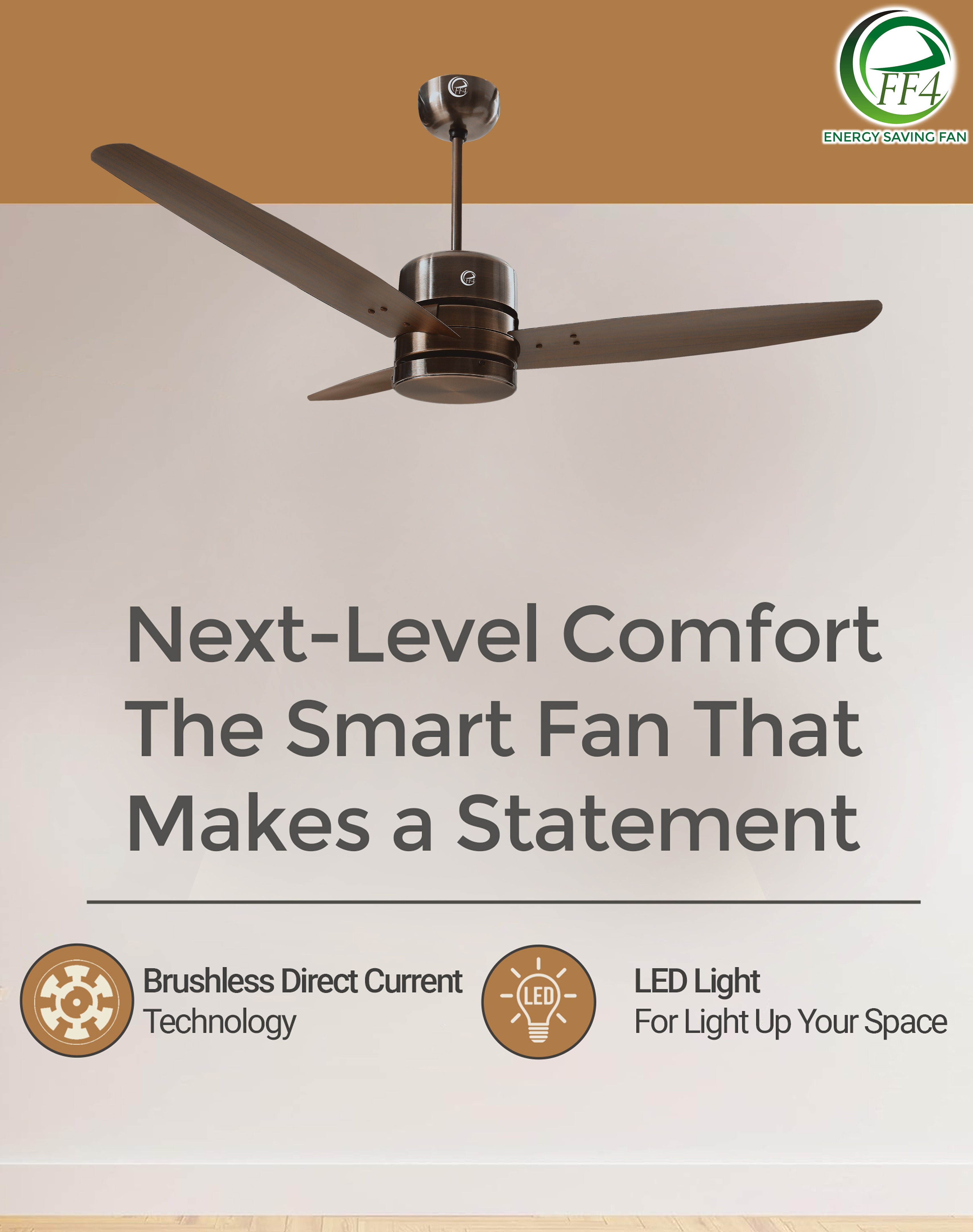 eFF4 Prosper 1200 mm 3 Blade 5 Star Ceiling Fan Remote Control with Light option (Brown, 30W)