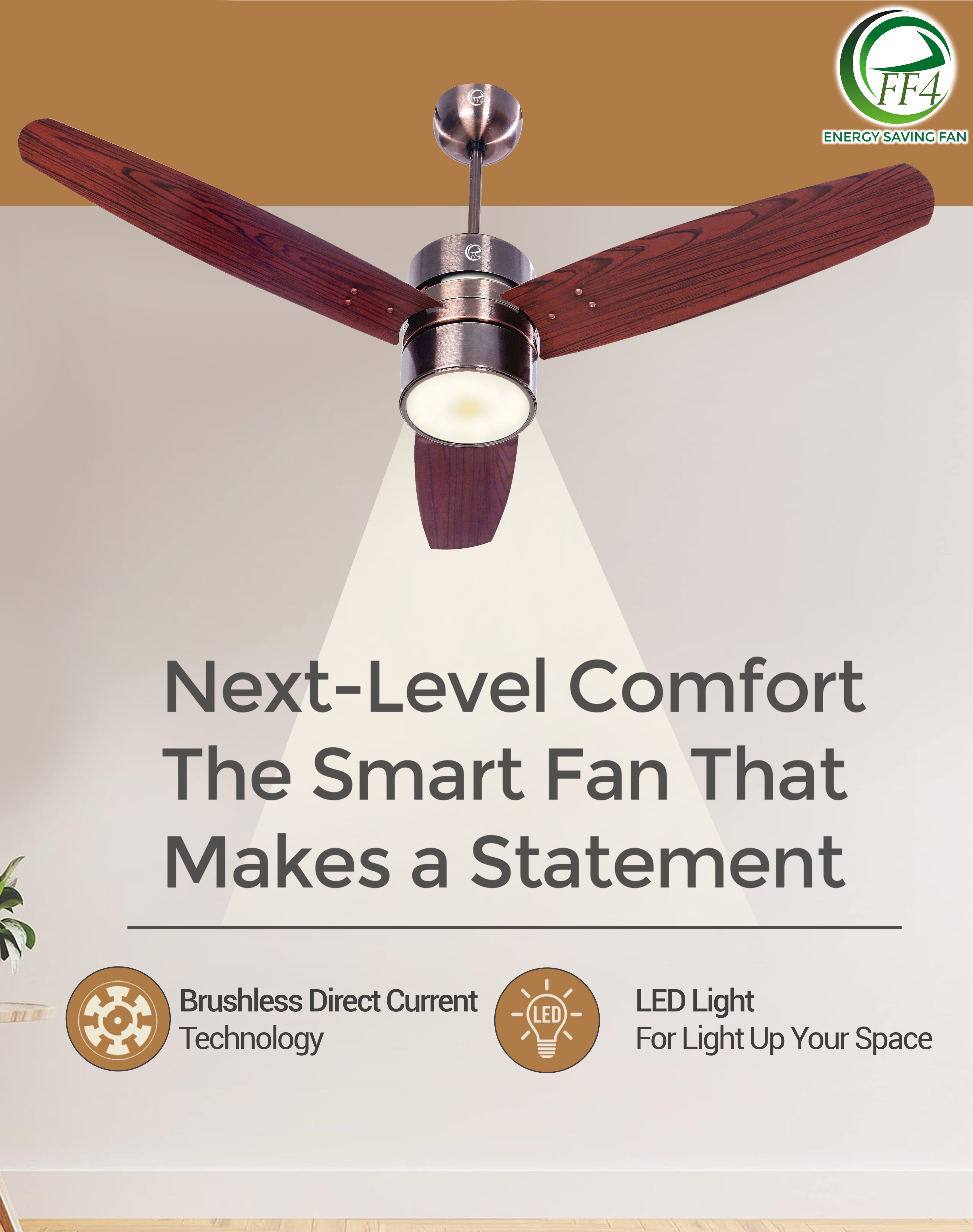 eFF4 Prosper 1200 mm 3 Blade 5 Star Ceiling Fan Remote Control with Light option (Brown, 30W)