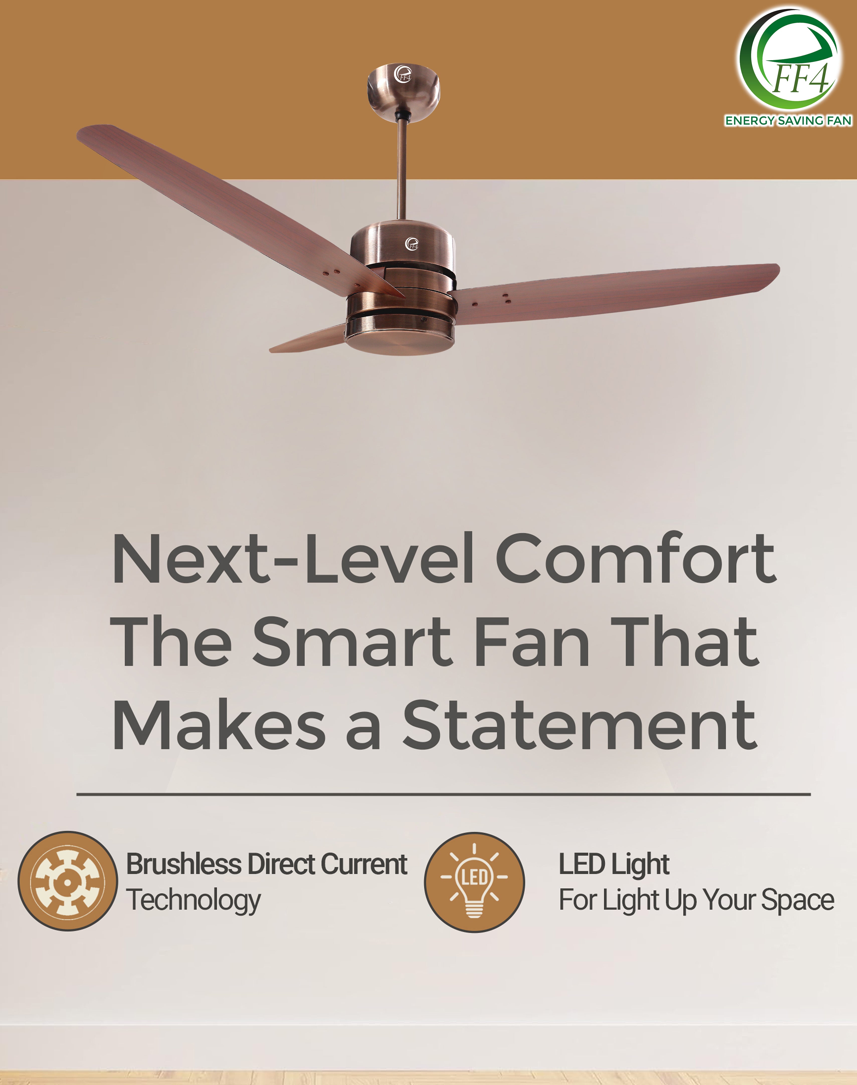 eFF4 Prosper 1200 mm 3 Blade 5 Star Ceiling Fan Remote Control with Light option (Brown, 30W)