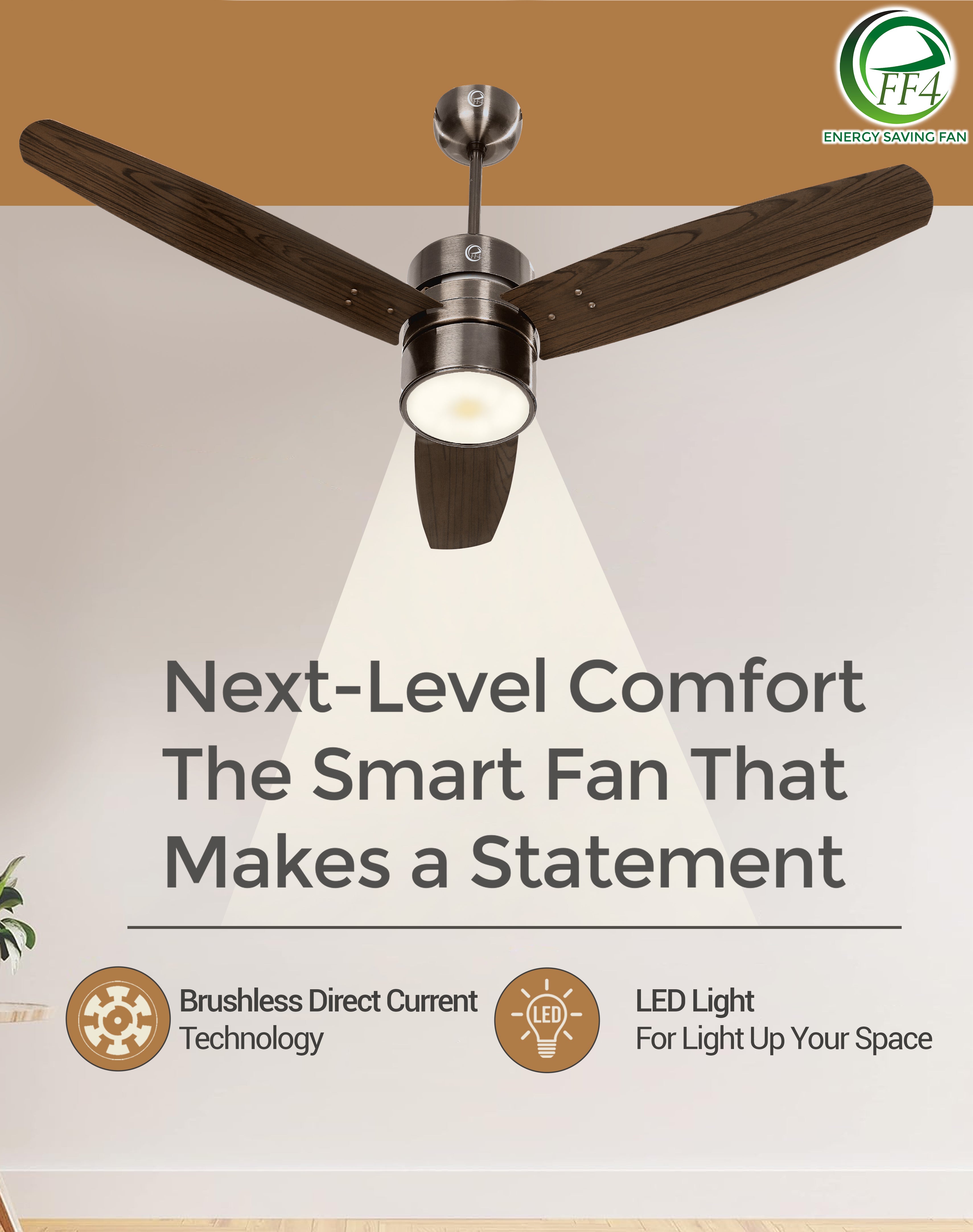 eFF4 Prosper 1200 mm 3 Blade 5 Star Ceiling Fan Remote Control with Light option (Brown, 30W)