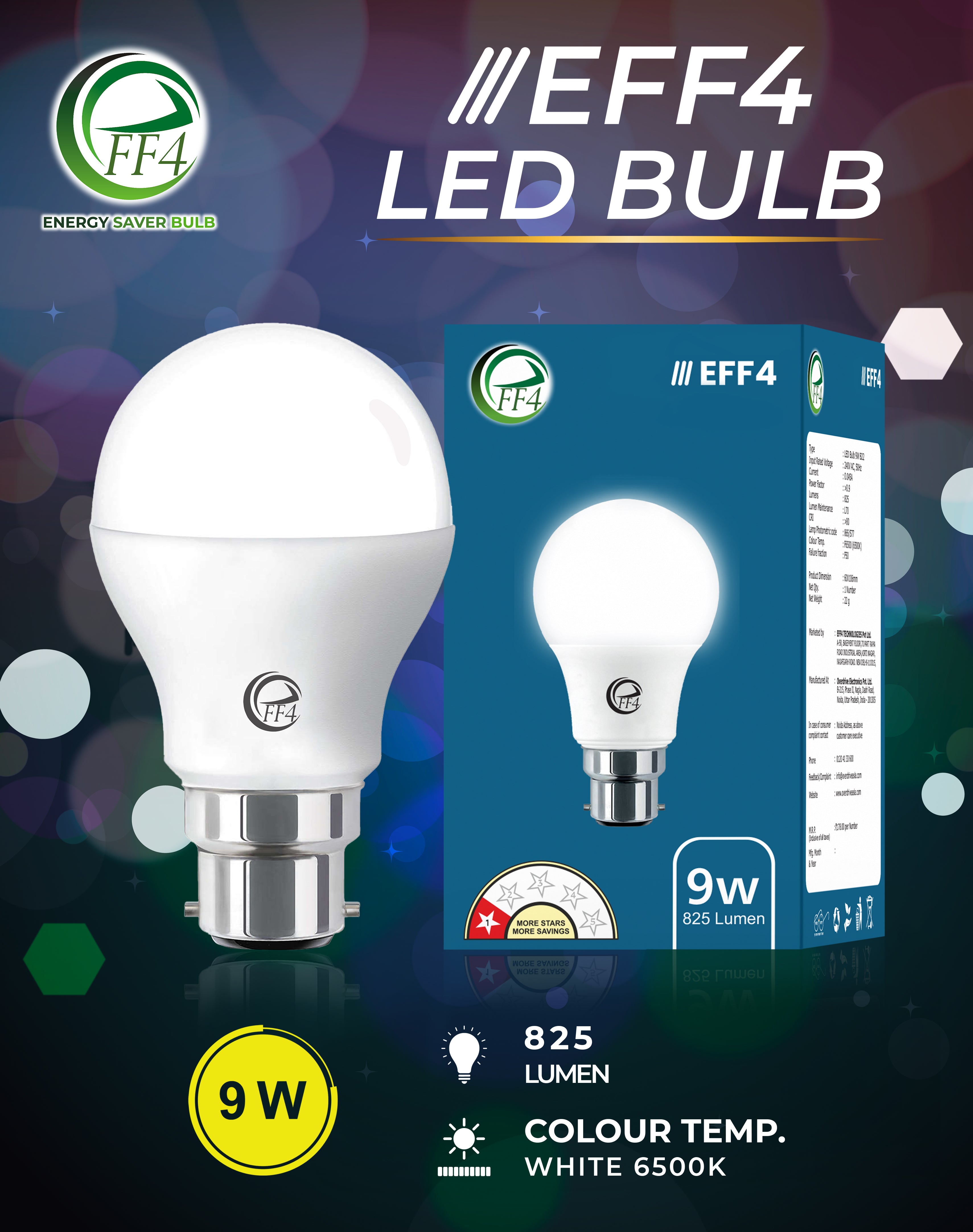 eFF4 9W Energy Saving LED Light Bulb, B22 Bayonet Base, White, Round Shape