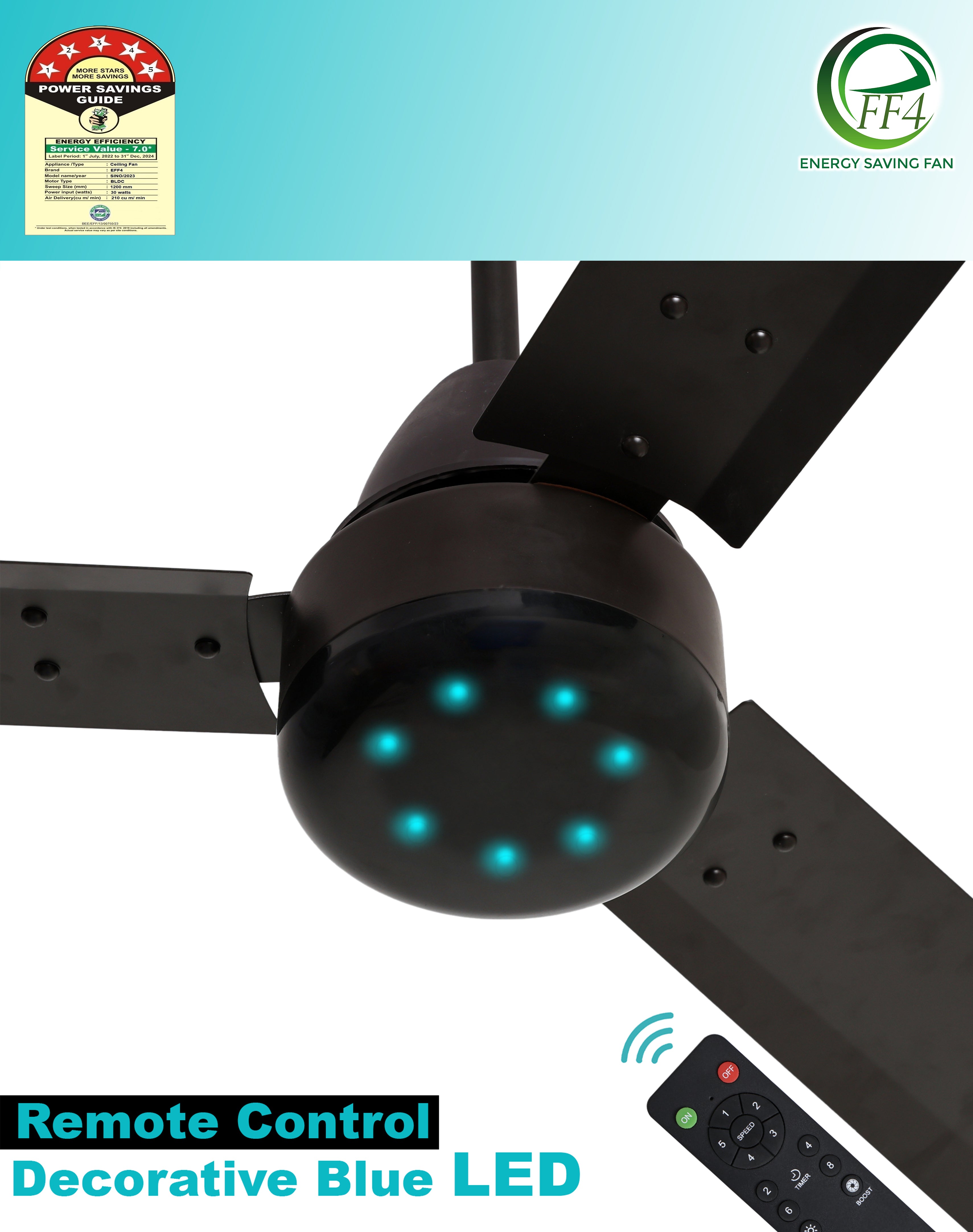 eFF4 Sino1200 mm 3 Blade 5 Star power Saving Ceiling fan with BLDC Motor | Remote control | Decorative Fan with Lights | High Air Flow (Modern)