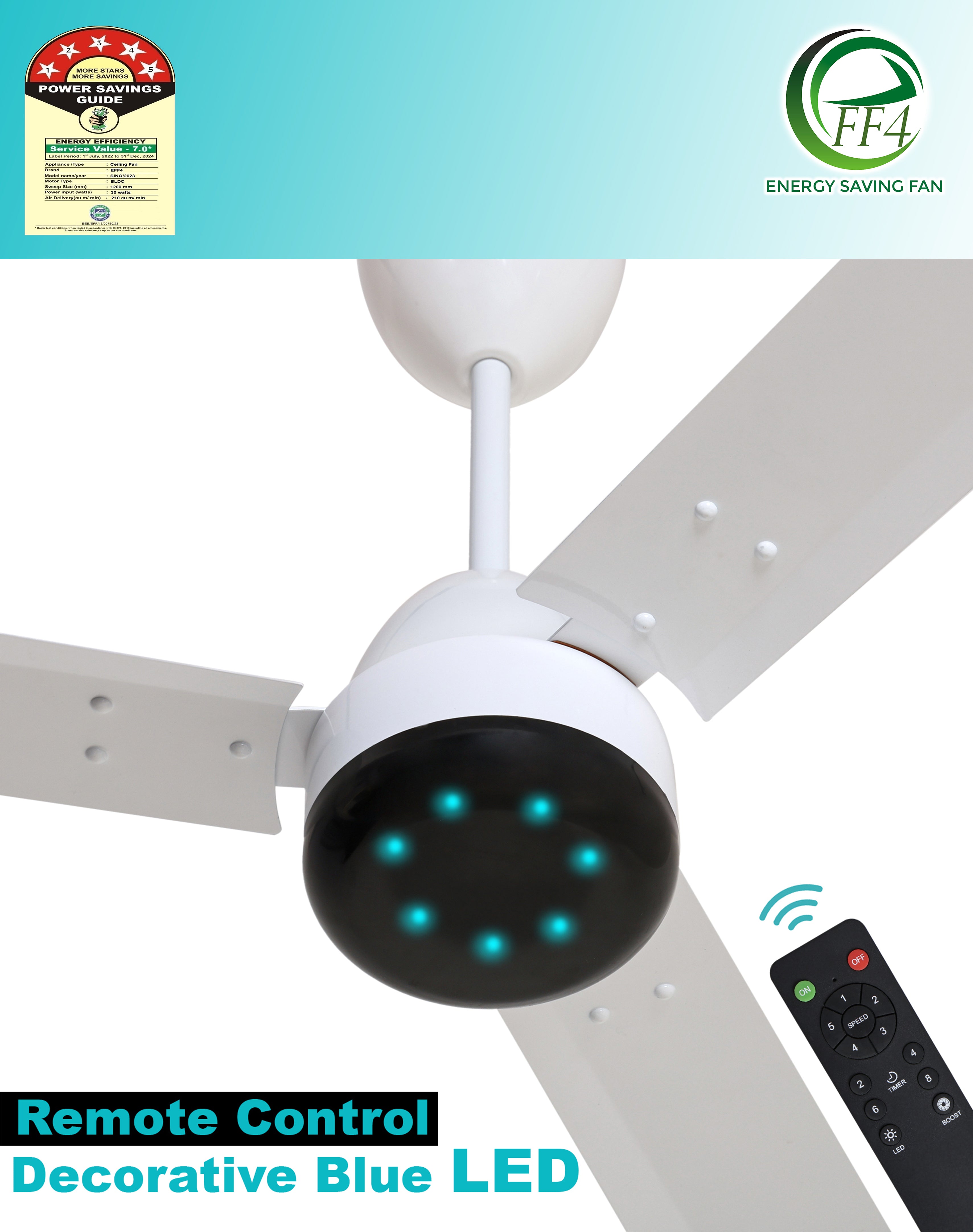 eFF4 Sino1200 mm 3 Blade 5 Star power Saving Ceiling fan with BLDC Motor | Remote control | Decorative Fan with Lights | High Air Flow (Modern)