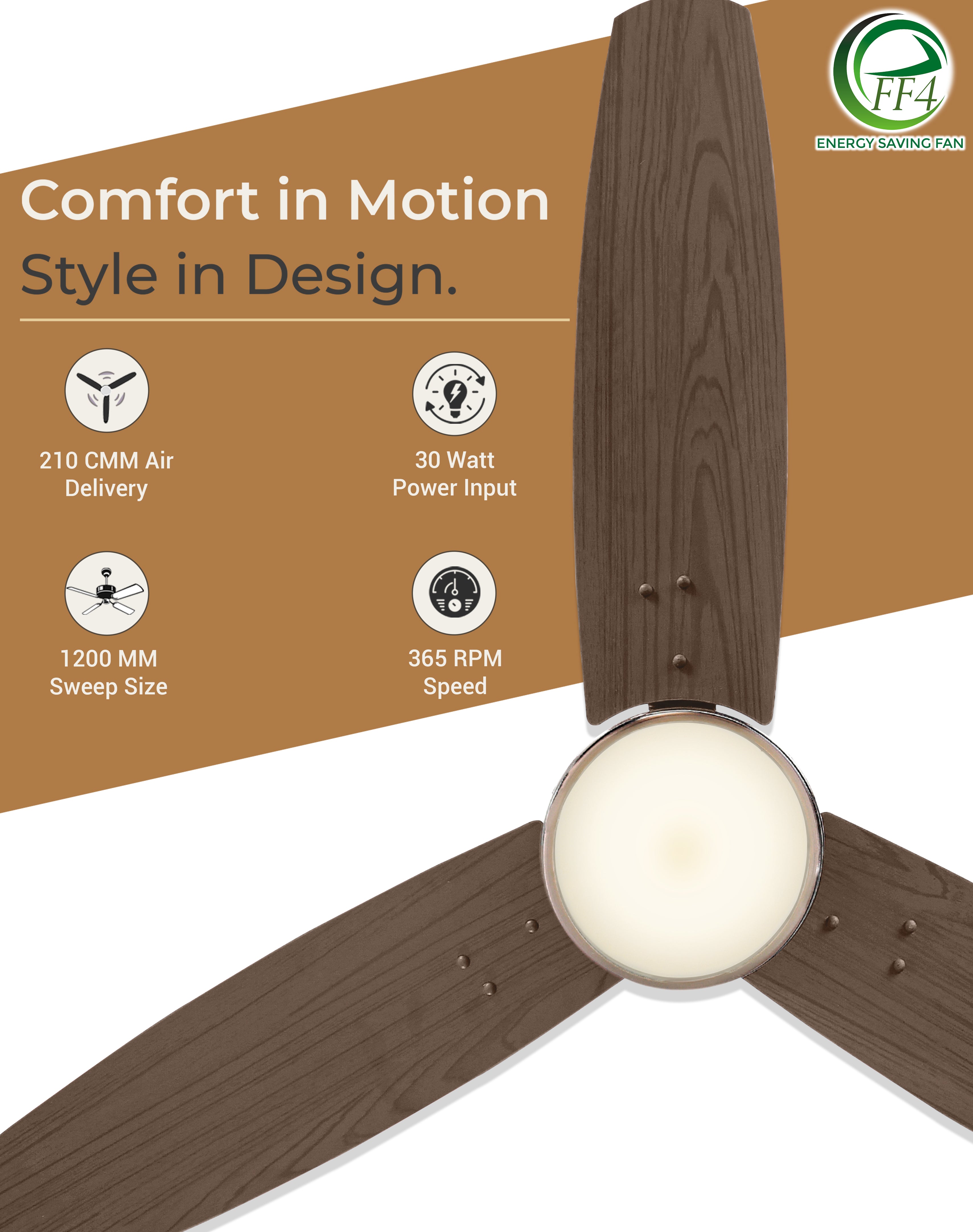 eFF4 Prosper 1200 mm 3 Blade 5 Star Ceiling Fan Remote Control with Light option (Brown, 30W)