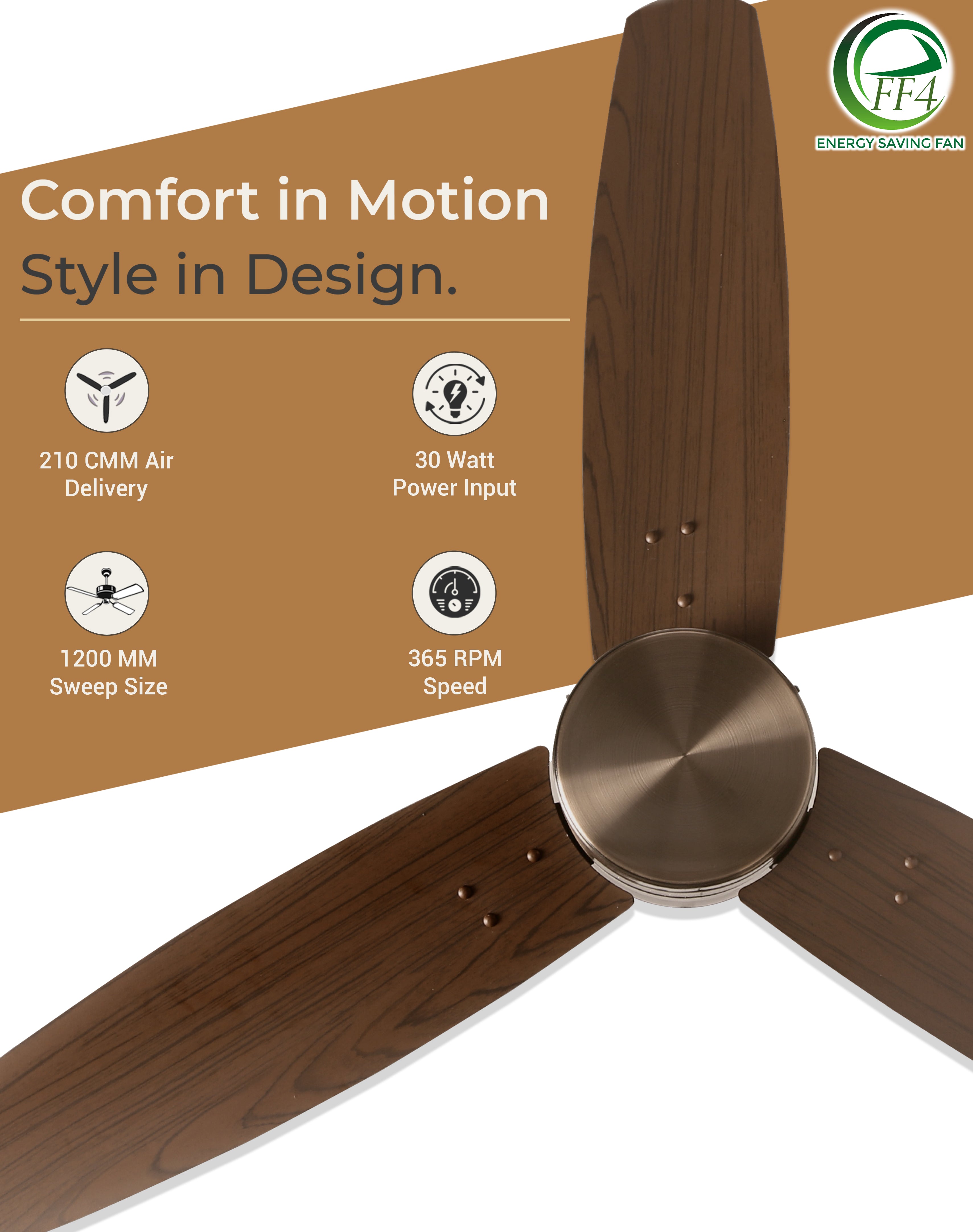 eFF4 Prosper 1200 mm 3 Blade 5 Star Ceiling Fan Remote Control with Light option (Brown, 30W)