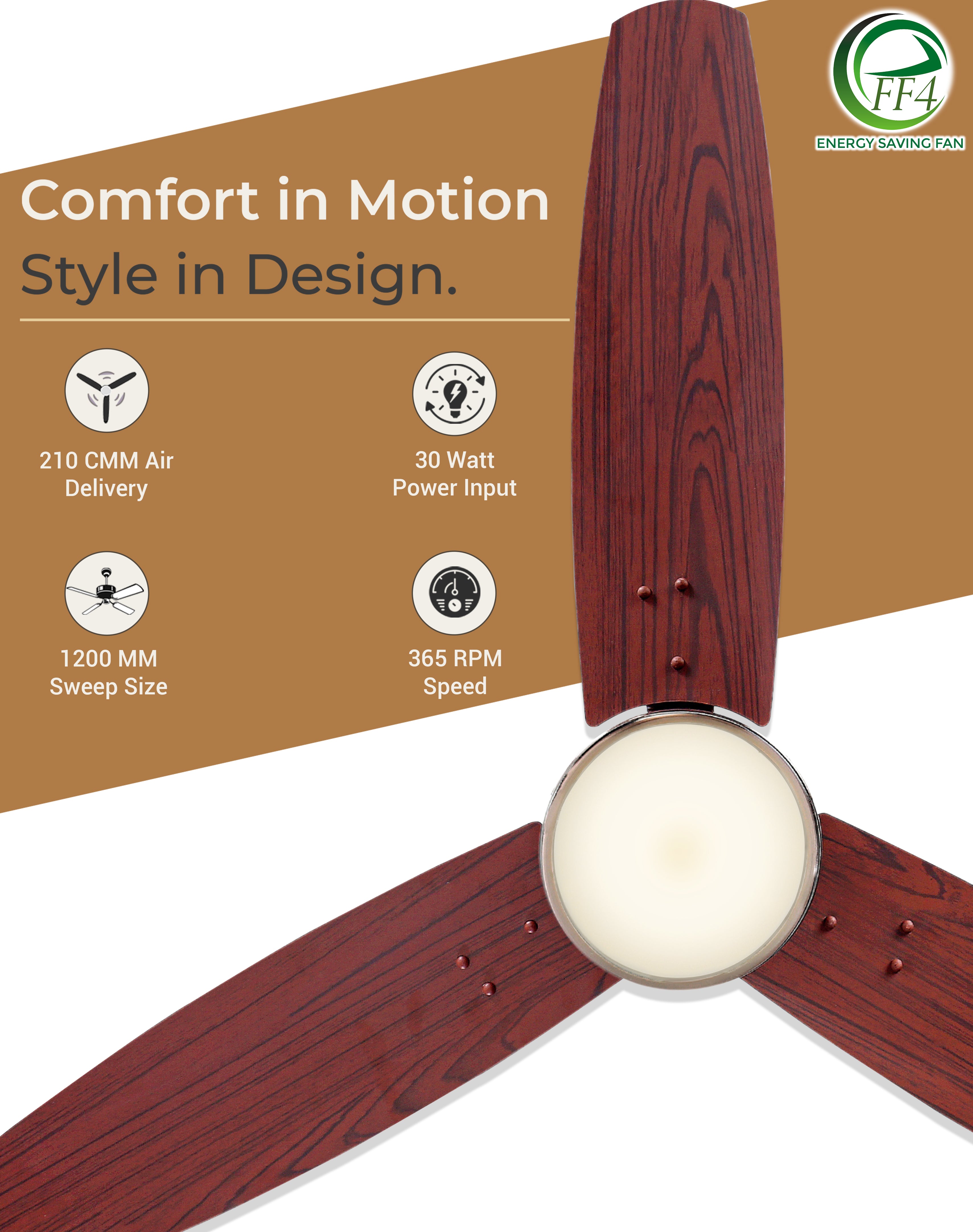 eFF4 Prosper 1200 mm 3 Blade 5 Star Ceiling Fan Remote Control with Light option (Brown, 30W)
