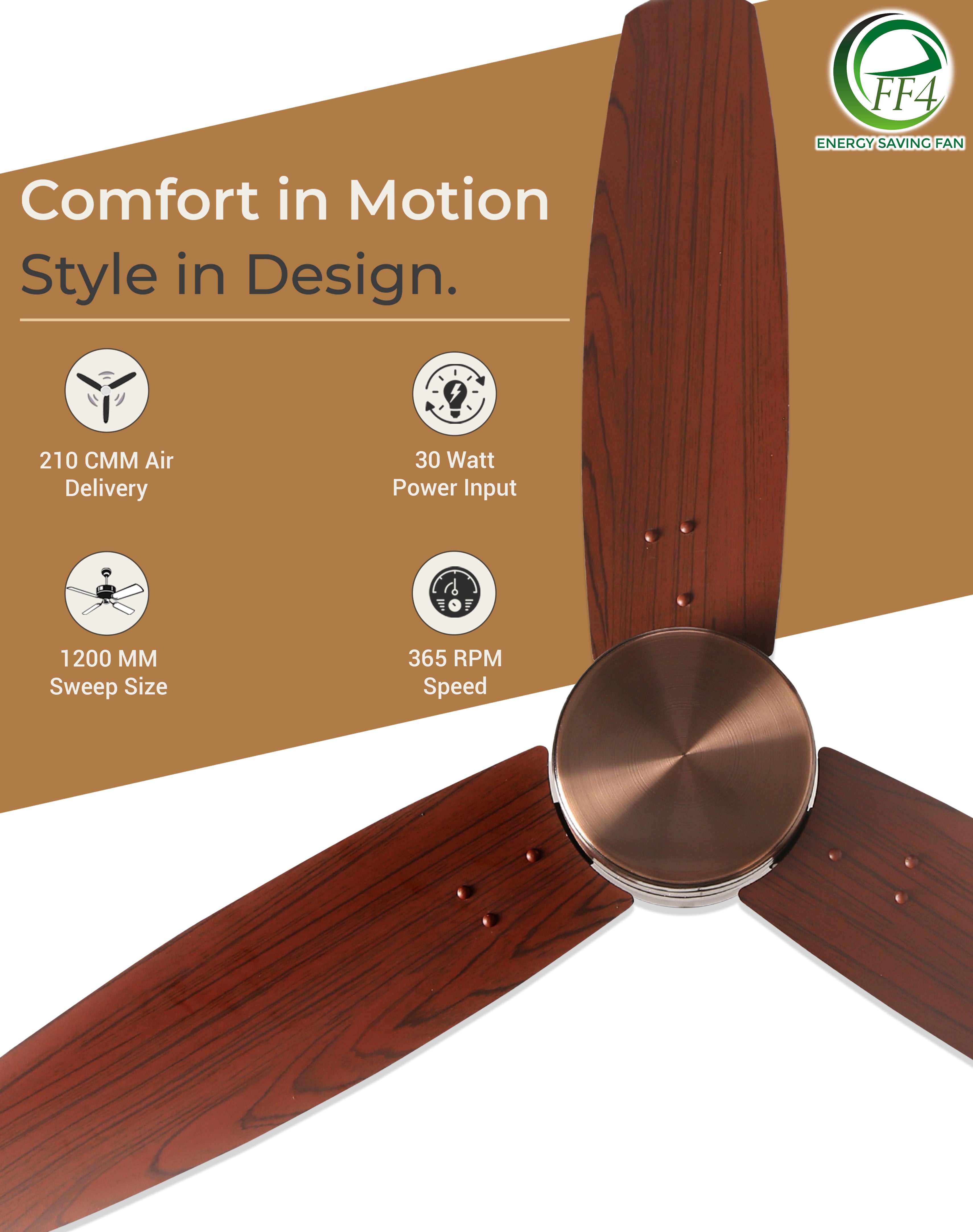 eFF4 Prosper 1200 mm 3 Blade 5 Star Ceiling Fan Remote Control with Light option (Brown, 30W)