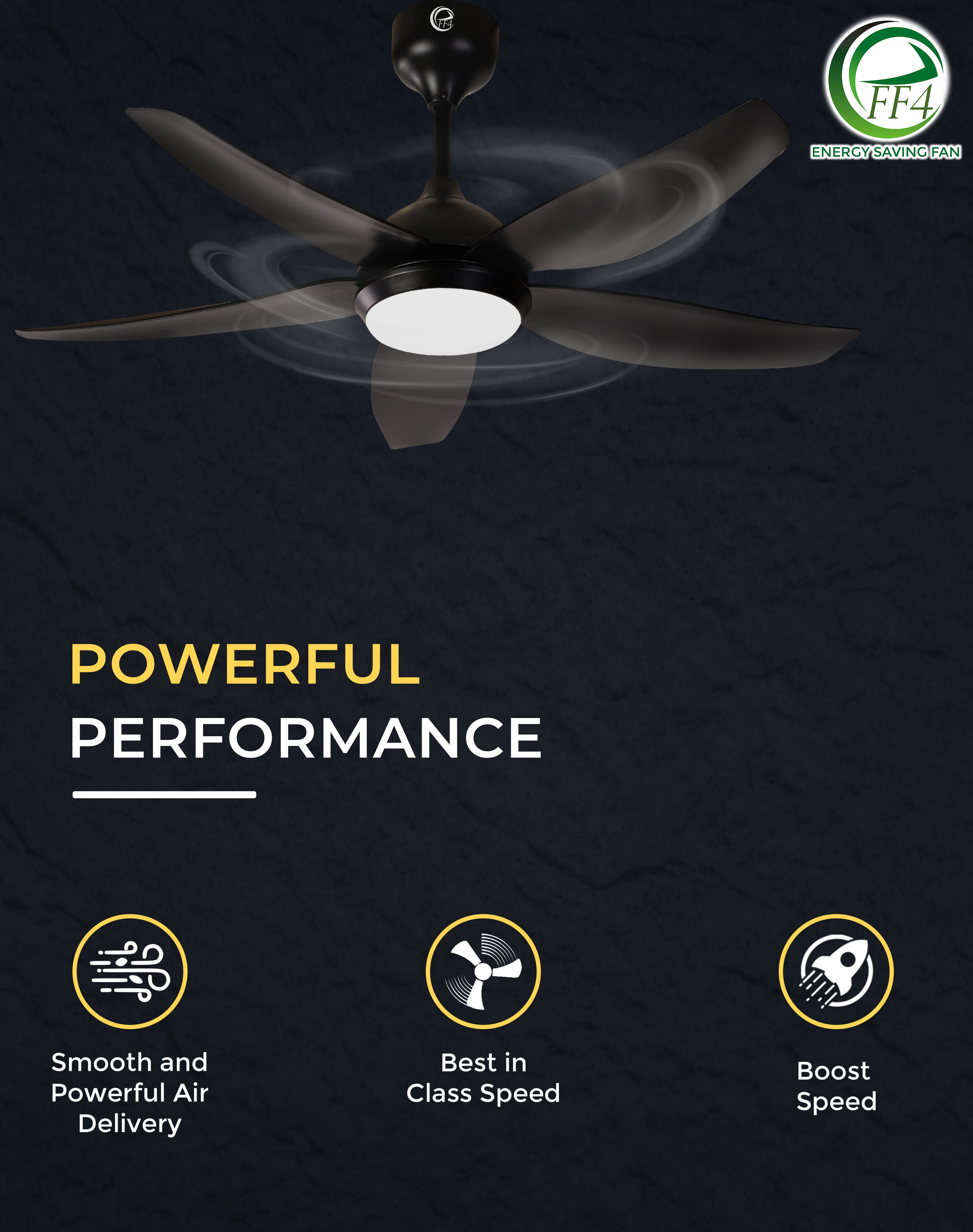 eFF4 Artistic 1200mm 5 blade 5 star BLDC ceiling Fan with Light, Aerodynamic ABS Blades and Remote Control