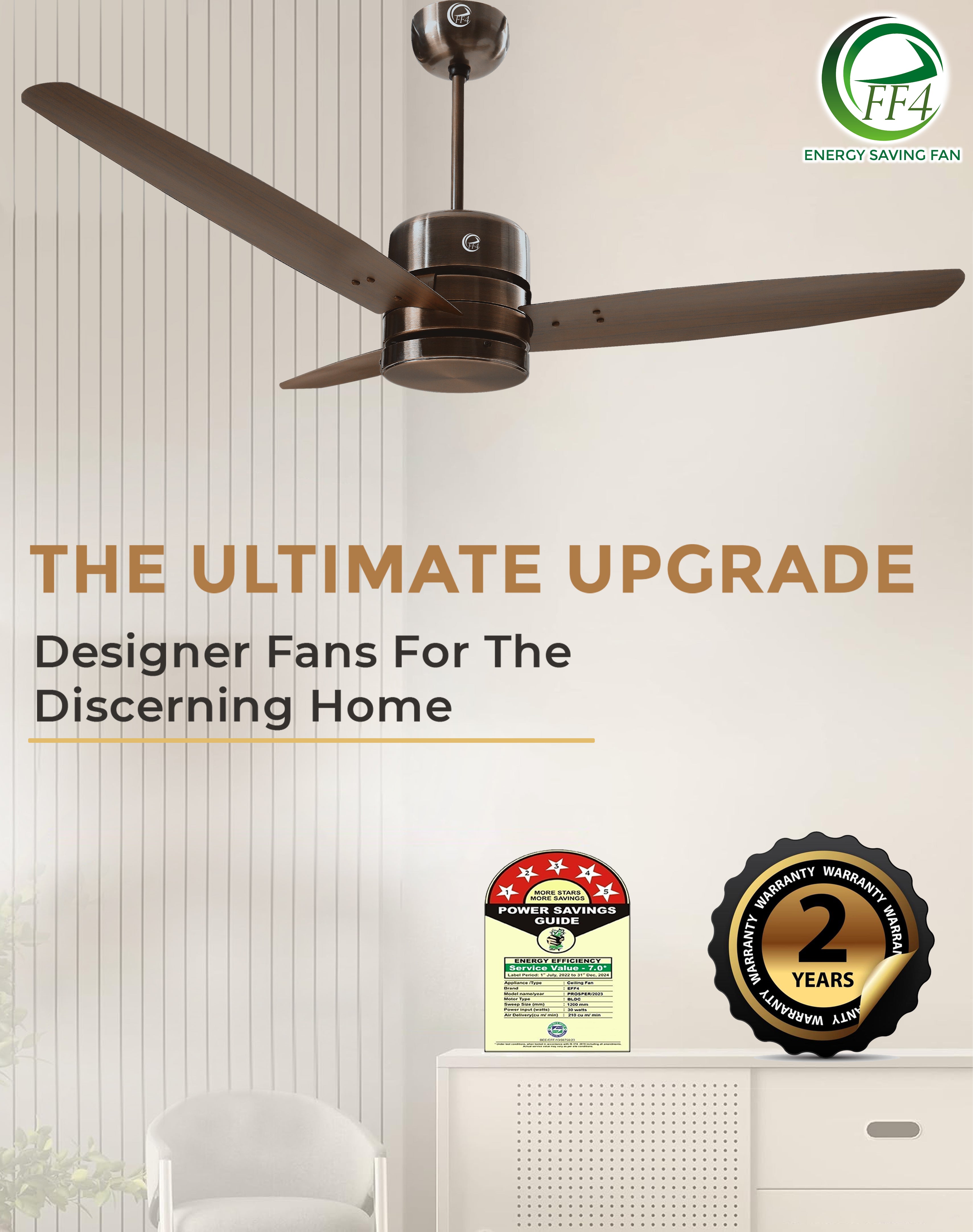 eFF4 Prosper 1200 mm 3 Blade 5 Star Ceiling Fan Remote Control with Light option (Brown, 30W)