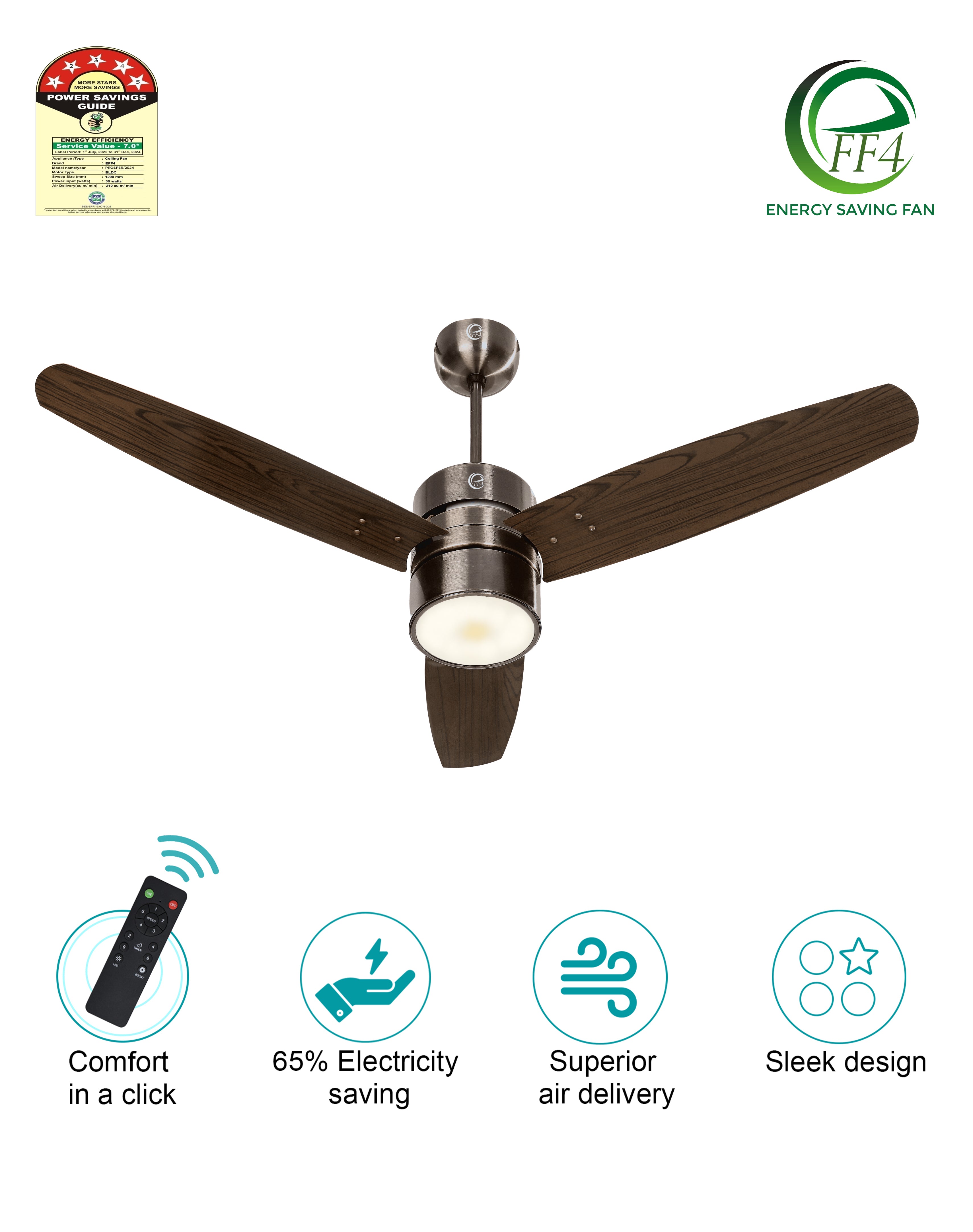 eFF4 Prosper 1200 mm 3 Blade 5 Star Ceiling Fan Remote Control with Light option (Brown, 30W)