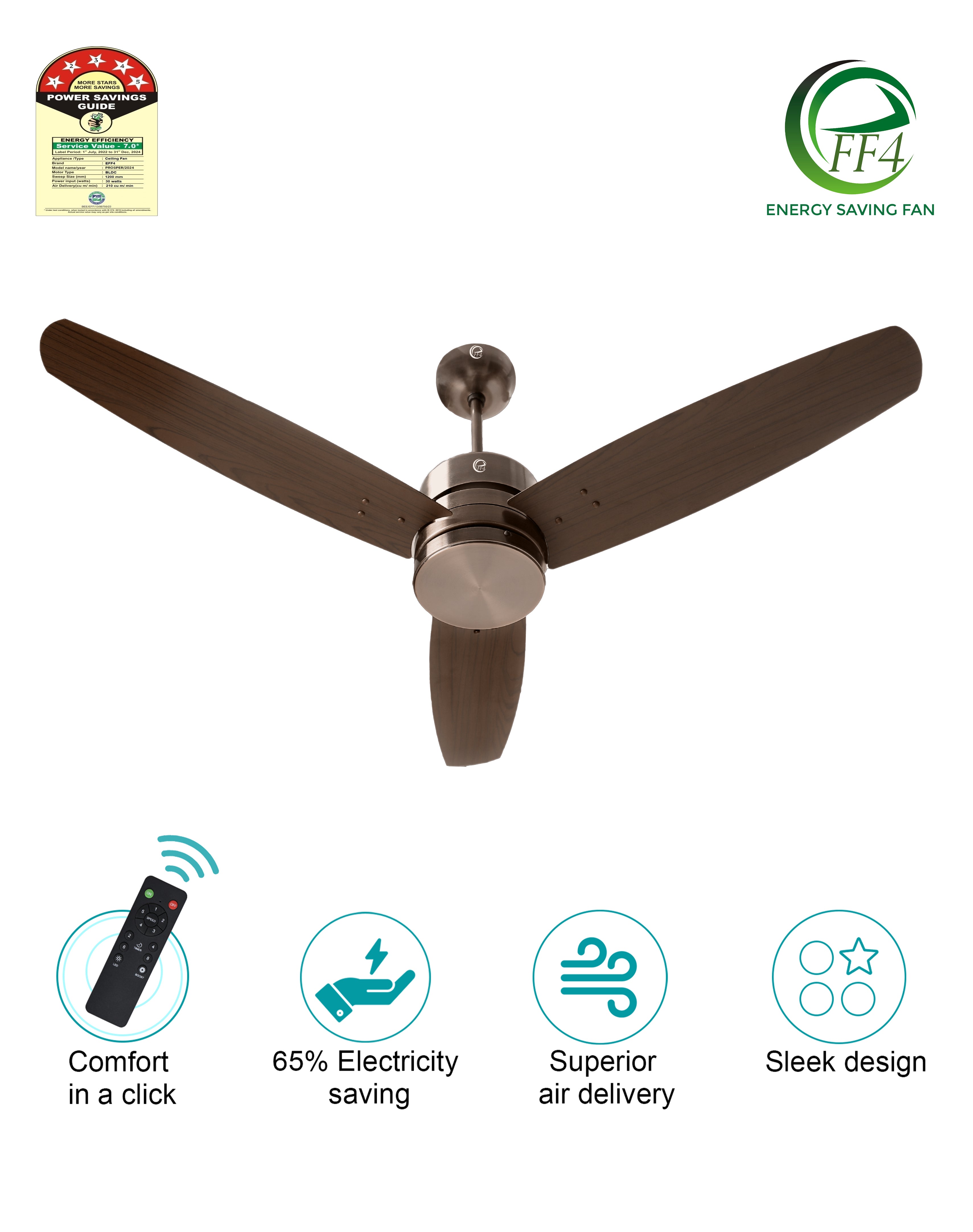 eFF4 Prosper 1200 mm 3 Blade 5 Star Ceiling Fan Remote Control with Light option (Brown, 30W)
