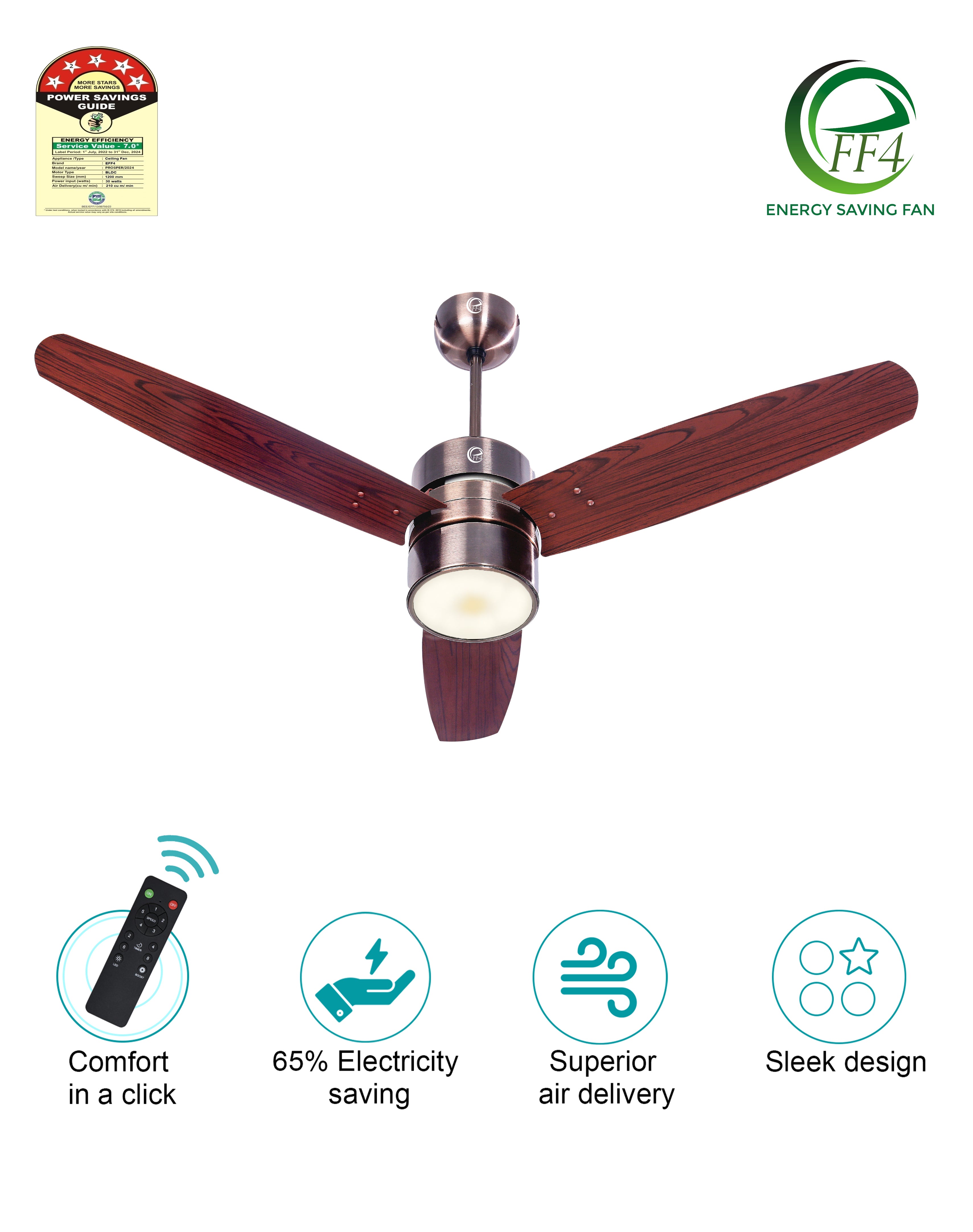 eFF4 Prosper 1200 mm 3 Blade 5 Star Ceiling Fan Remote Control with Light option (Brown, 30W)
