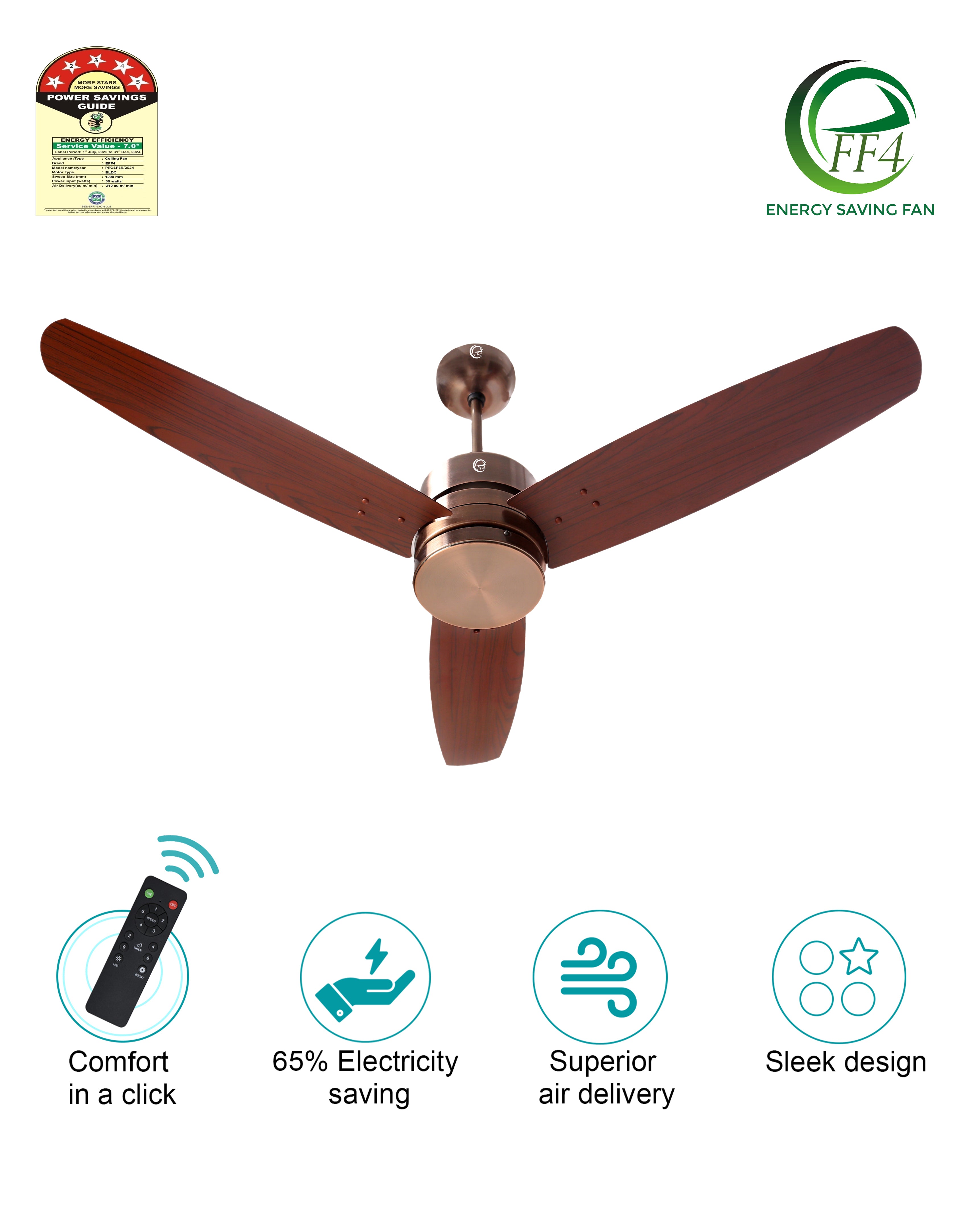 eFF4 Prosper 1200 mm 3 Blade 5 Star Ceiling Fan Remote Control with Light option (Brown, 30W)